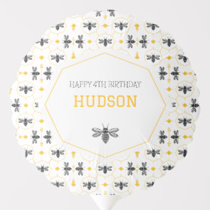 Modern Bee Yellow Honeycomb Kids 4th Birthday Balloon