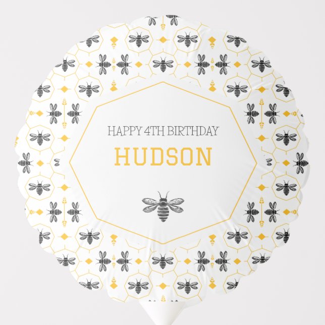 Modern Bee Yellow Honeycomb Kids 4th Birthday Balloon (Front)