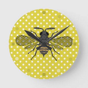 Modern BEE Yellow Polka Dot Round Clock
