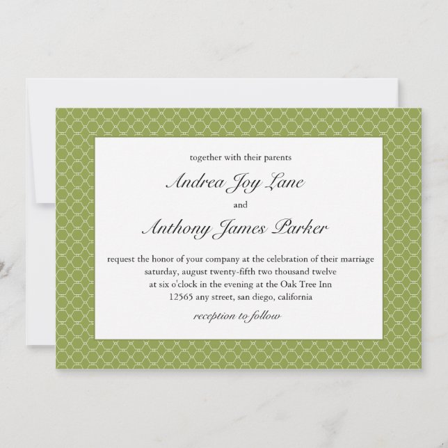 Modern Beehive Wedding Invitation in pear green (Front)