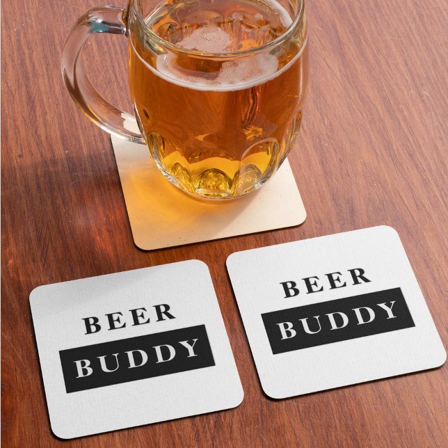 Modern Beer Buddy Black Funny Quote Square Paper Coaster (Creator Uploaded)