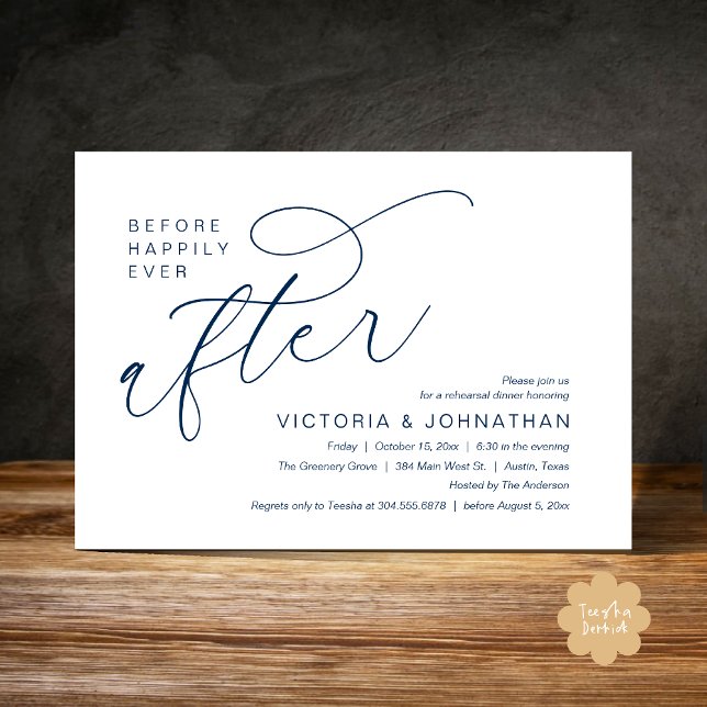 Modern Before Happily Ever After Rehearsal Dinner Invitation (Modern Before Happily Ever After Romantic Rehearsal Dinner Invites Card PDF Aesthetic navy Blue)