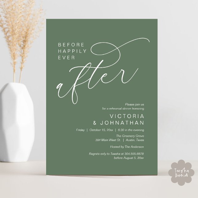 Modern Before Happily Ever After Rehearsal Dinner Invitation (Modern Before Happily Ever After Romantic Rehearsal Dinner Invites Card PDF Aesthetic Sage Green)