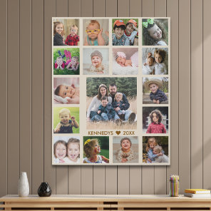 Modern Beige 17 Photo Collage Family Name Keepsake Faux Canvas Print