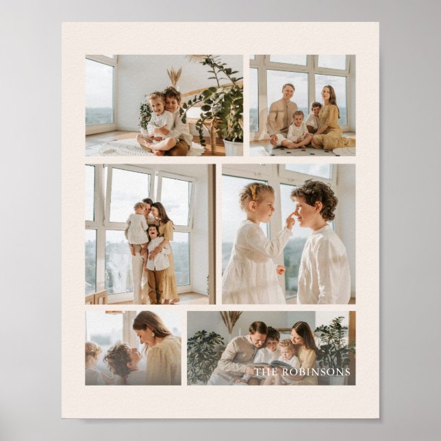 Modern Beige 6-Photo Family Name Poster (Front)