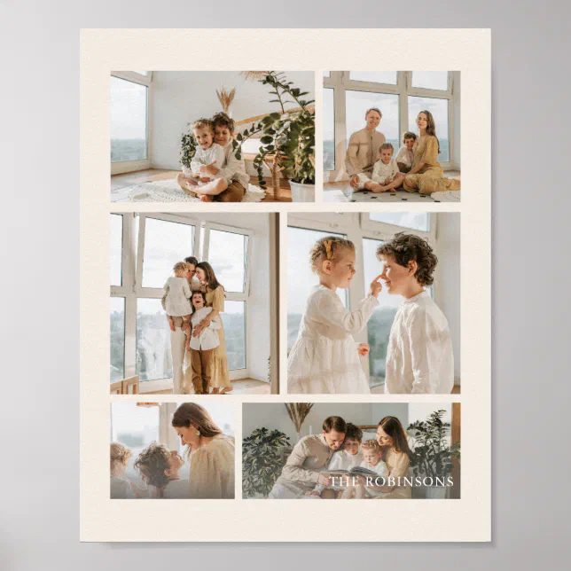 Modern Beige 6-Photo Family Name Poster | Zazzle