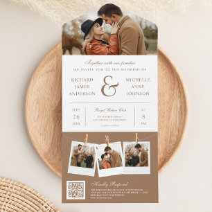 Modern Beige Ampersand Photo QR Code Wedding All In One Invitation