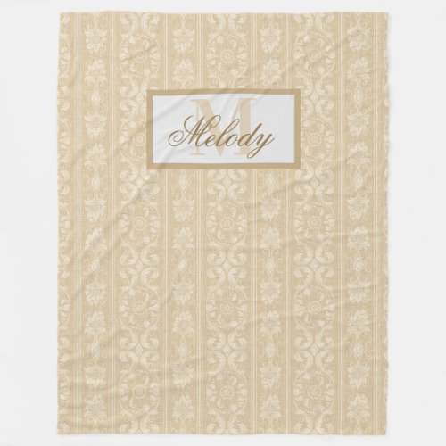  Modern Beige and Cream Floral Damask Monogrammed  Fleece Blanket