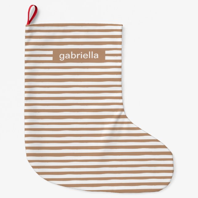 Modern Beige and White Stripes with Name Large Christmas Stocking (Front)