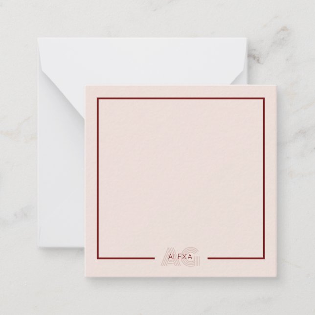 Modern Beige and Wine Monogram Note Card (Front)