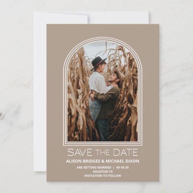 Modern Beige Arch Photo Wedding Save the Date (Front)