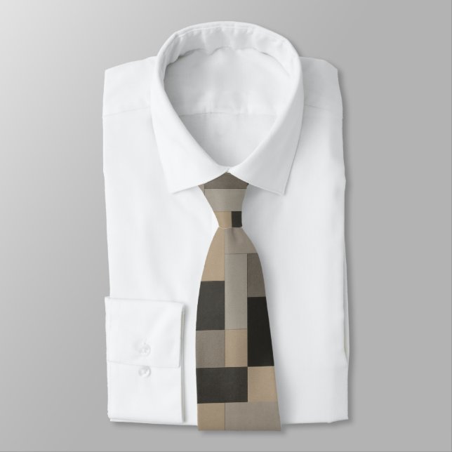Modern Beige & Black Geometric Neck Tie (Tied)