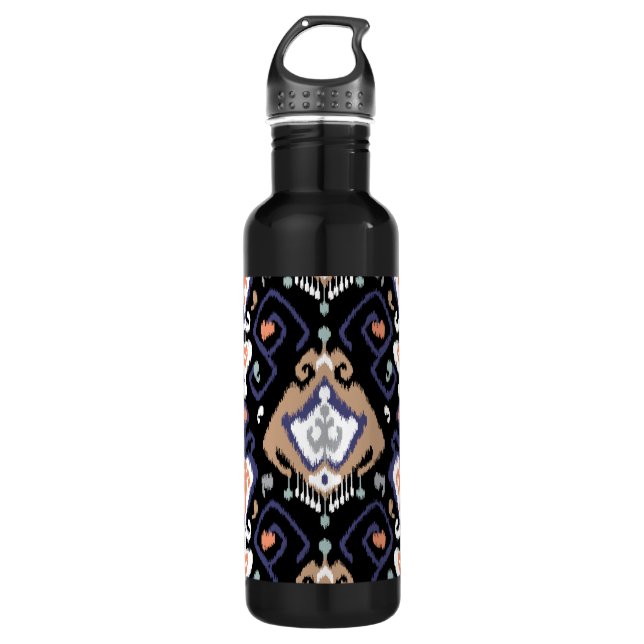 Modern beige black ikat tribal pattern water bottle (Front)