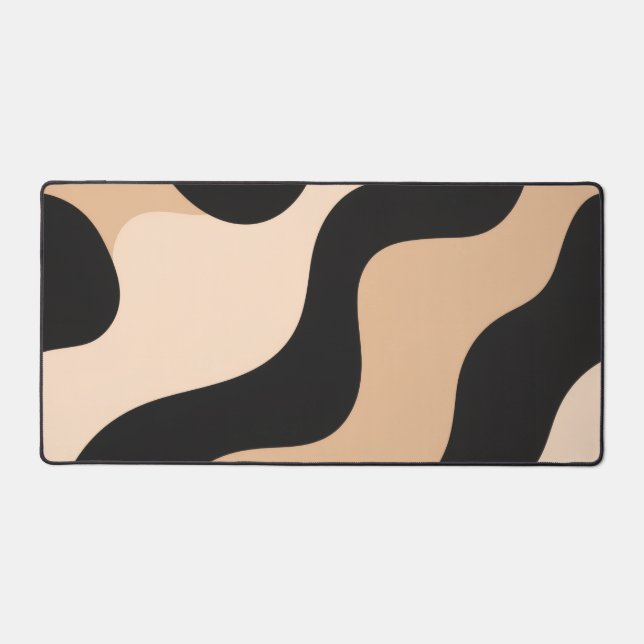 Modern Beige Black Wavy Abstract Desk Mat (Front)