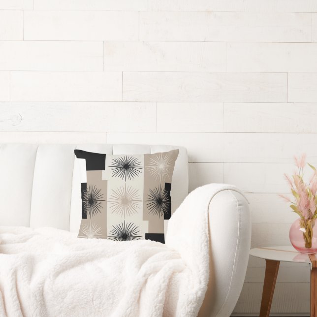 Modern Beige, Black White Starburst Minimalist Throw Pillow (Couch)