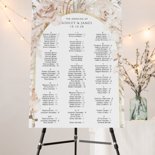 Modern beige botanical floral arched seating chart foam board