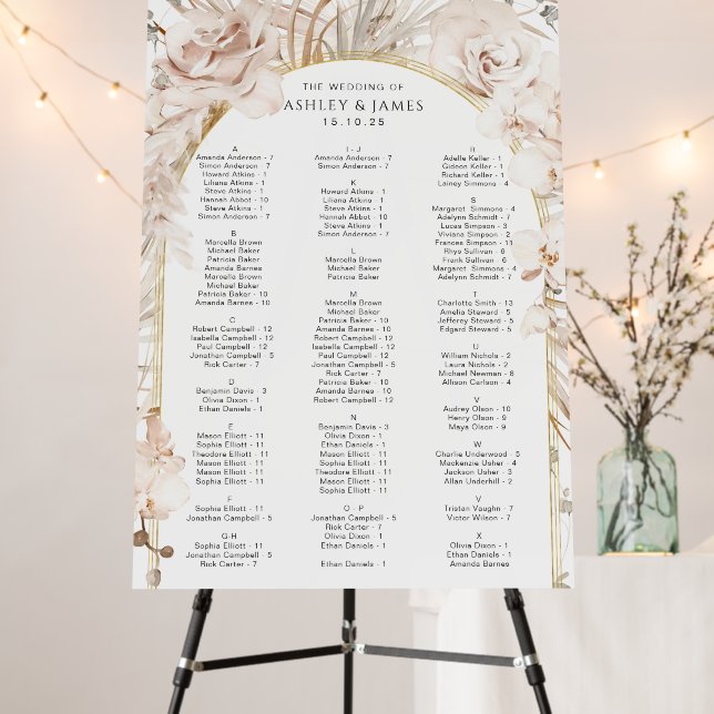 Modern beige botanical floral arched seating chart foam board (In Situ (Stand))