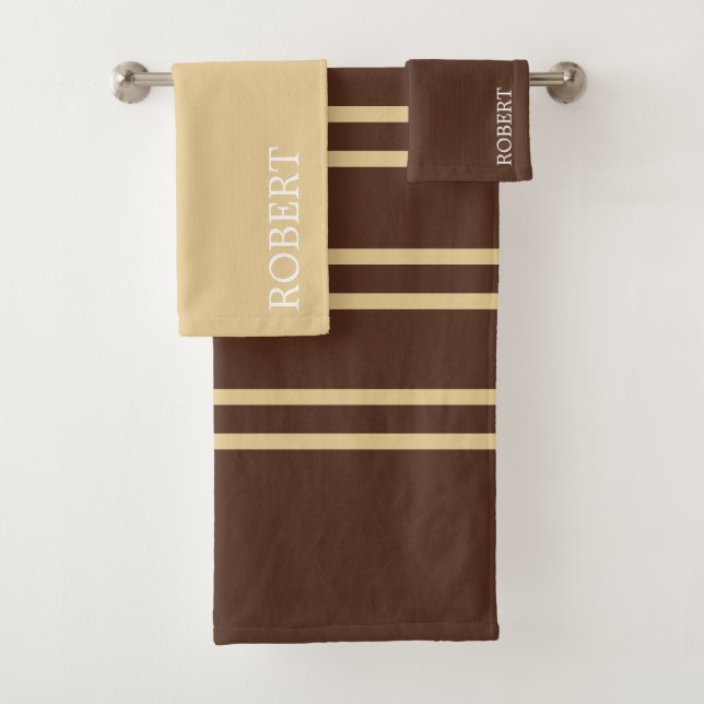 modern Beige &Brown Stripes Pattern Custom Name Bath Towel Set (Insitu)