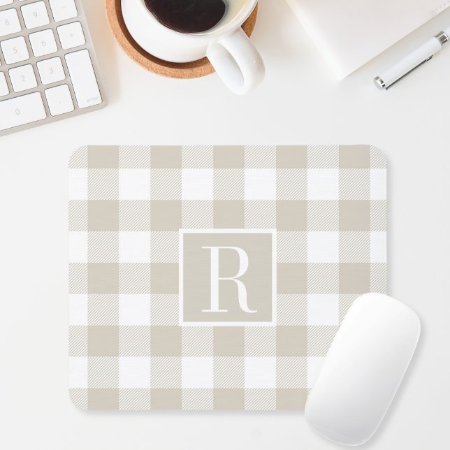 Modern Beige Buffalo Check Monogram Initial Mouse Pad (Creator Uploaded)