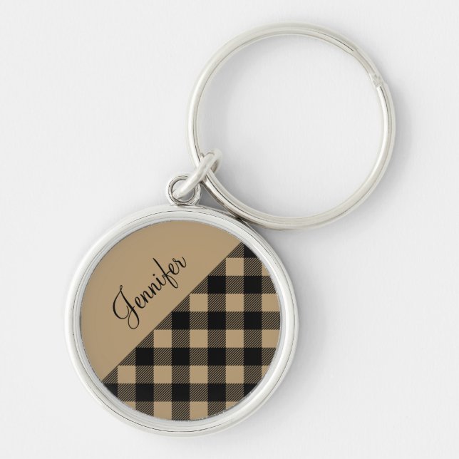 Modern Beige Buffalo Plaid Check Pattern Name Keychain (Front)