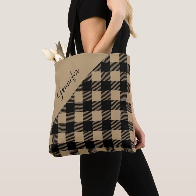 Modern Beige Buffalo Plaid Tote Bag  (Close Up)