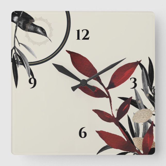 Modern Beige & Burgundy Red Watercolor Botanical Square Wall Clock (Front)