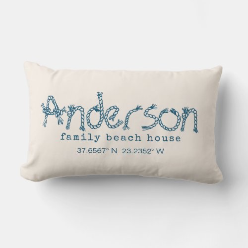 Modern beige coastal beach house family name lumbar pillow