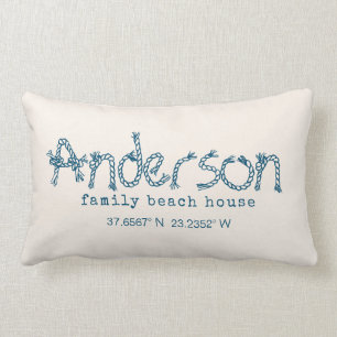 Modern beige coastal beach house family name lumbar pillow