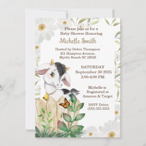  Modern Beige Cute Floral Farm Cow Baby Shower Invitation