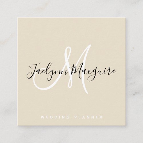 Modern beige elegant script signature monogram square business card