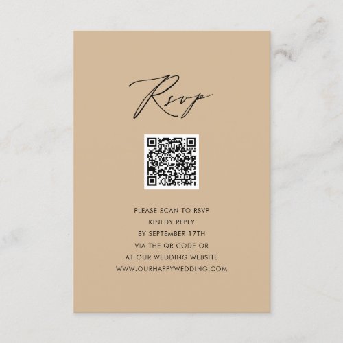 Modern Beige Elegant Script Simple QR Wedding RSVP Enclosure Card