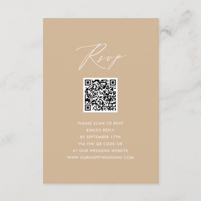 Modern Beige Elegant Script Simple QR Wedding RSVP Enclosure Card (Front)