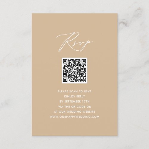 Modern Beige Elegant Script Simple QR Wedding RSVP Enclosure Card