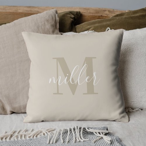 Modern Beige Family Name Monogram Throw Pillow