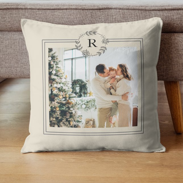 Modern Beige | Family Photo | Initial  Throw Pillo Pillow (Creator Uploaded)