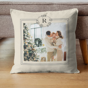 Modern Beige   Family Photo   Initial  Throw Pillo Throw Pillow