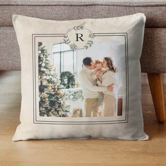 Modern Beige | Family Photo | Initial  Throw Pillow (Creator Uploaded)