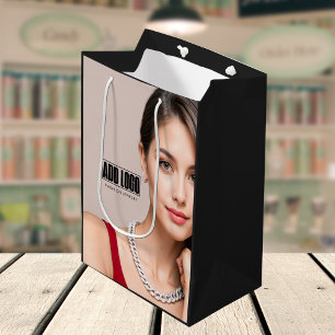 Modern Beige Fashion Jewelry Business Logo Medium Gift Bag