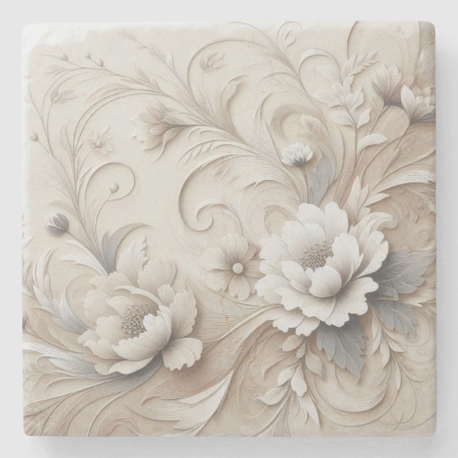Modern Beige Flowers 3 Stone Coaster (Front)