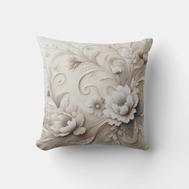 Modern Beige Flowers 3 Throw Pillow (Front)