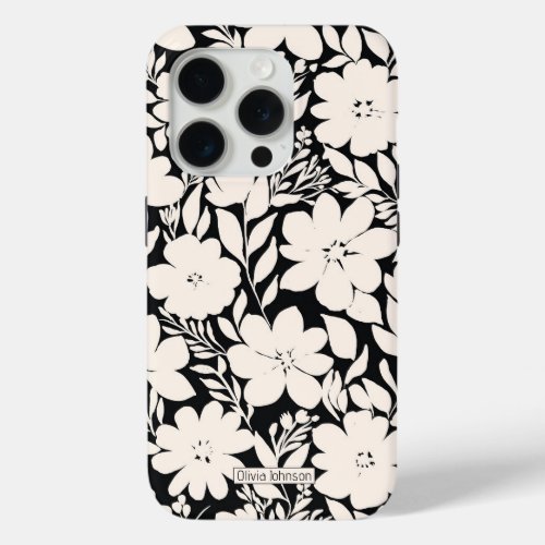 Modern Beige Flowers Black Botanical iPhone 15 Pro Case