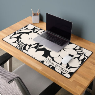 Modern Beige Flowers Black Botanical Desk Mat