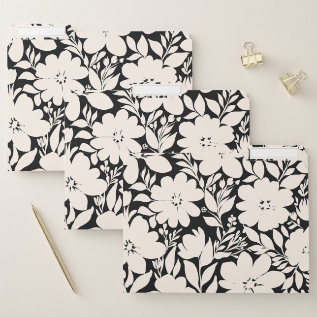 Modern Beige Flowers Black Botanical File Folder (Set)