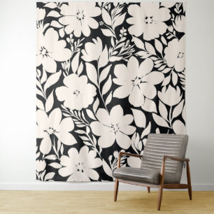 Modern Beige Flowers Black Botanical Tapestry
