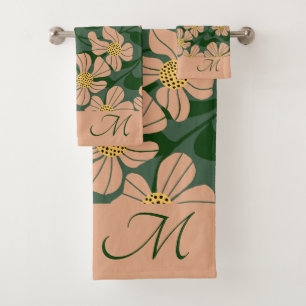 Modern beige flowers with green leaves bath towel set