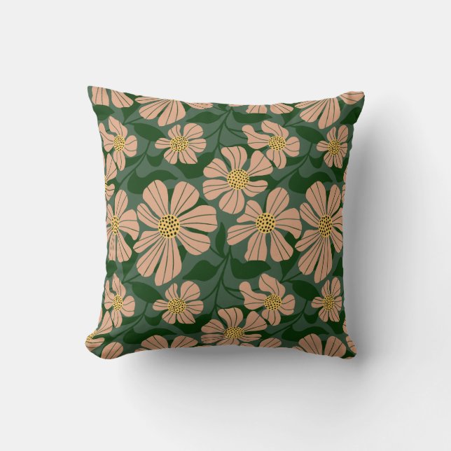 Modern beige flowers with green leaves throw pillow (Front)