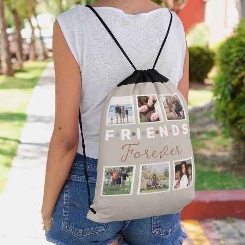 Modern Beige Friends Forever Photo Collage Drawstring Bag