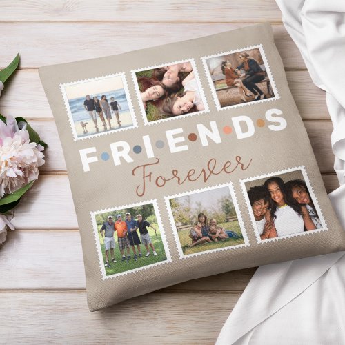 Modern Beige Friends Forever Photo Collage Throw Pillow