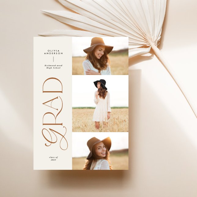 Modern beige geometric 3 photo arch graduation announcement (Creator Uploaded)