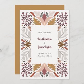 Modern Beige Geometric Botanical Floral Boho Frame Save The Date